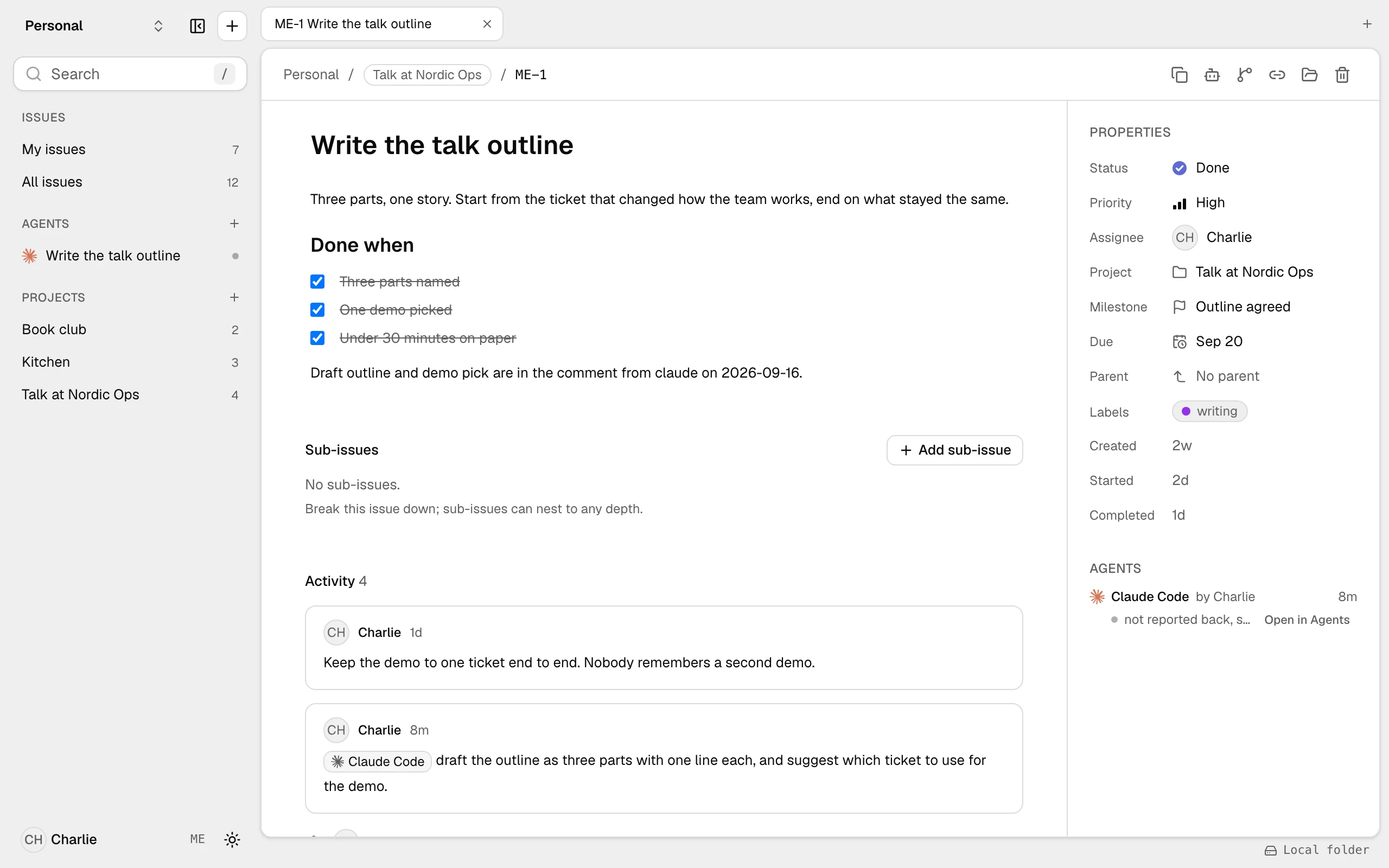 A task page in litpm: the talk outline, its done-when list, properties, a comment from Charlie and Claude Code's reply