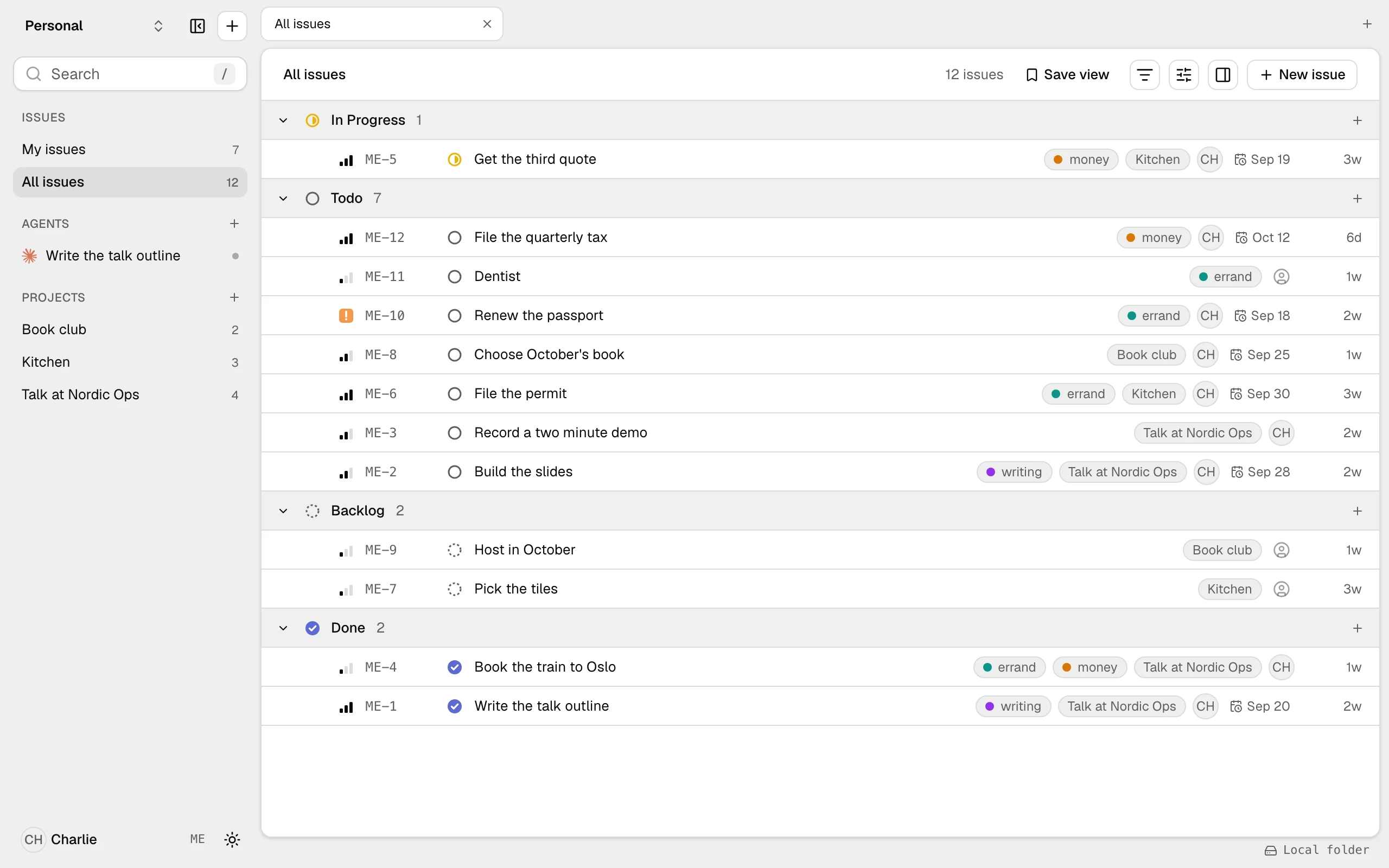 A personal task list in litpm: a talk, a kitchen renovation and a book club as projects, with errands and due dates