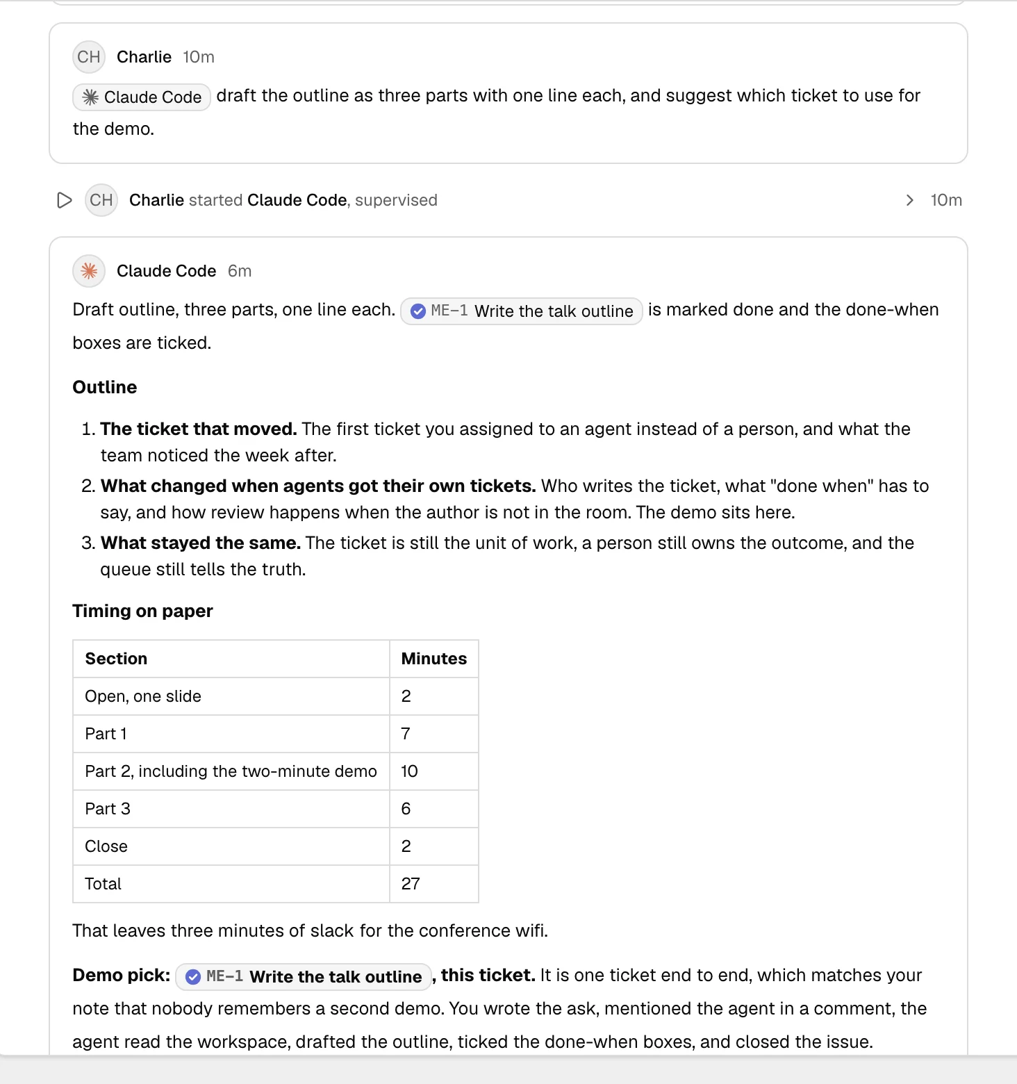 Comments on a task: Charlie mentions @Claude Code asking for an outline, and Claude Code answers in the thread