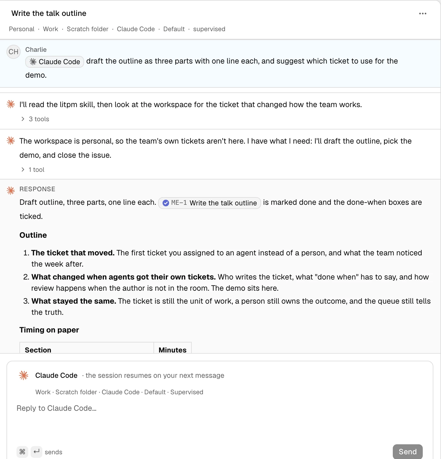 The run behind that reply: the prompt, the tools folded away, and the outline