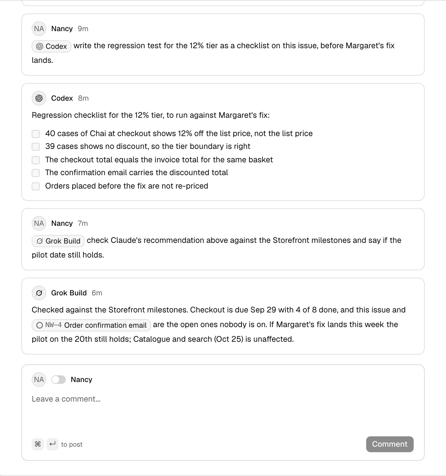 Comments on an issue: Nancy mentions @Codex and gets a regression checklist back, then mentions @Grok Build, who answers about the milestone dates