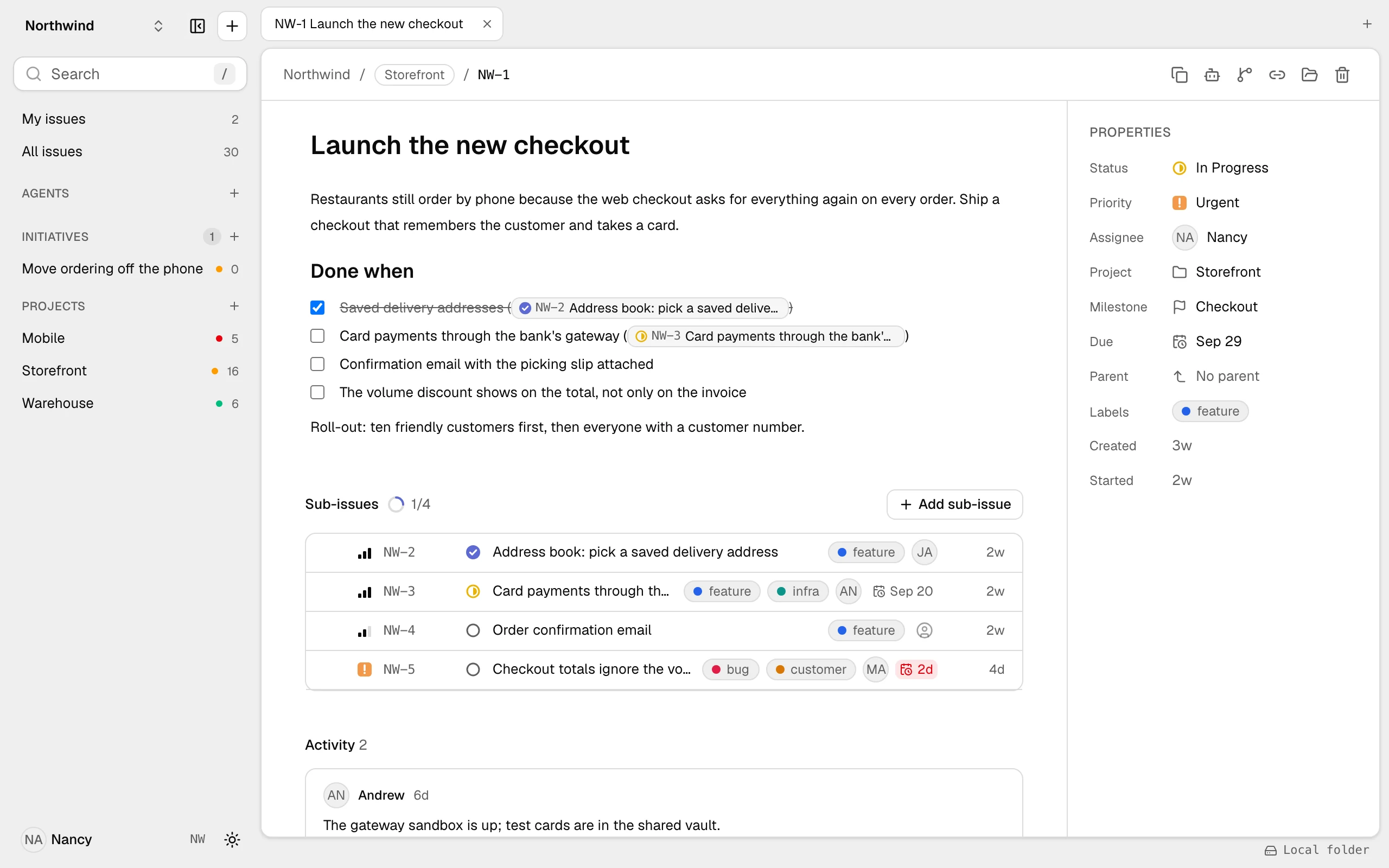 An issue page in litpm: the checkout launch, its done-when list with linked sub-issues, properties, and comments from two teammates