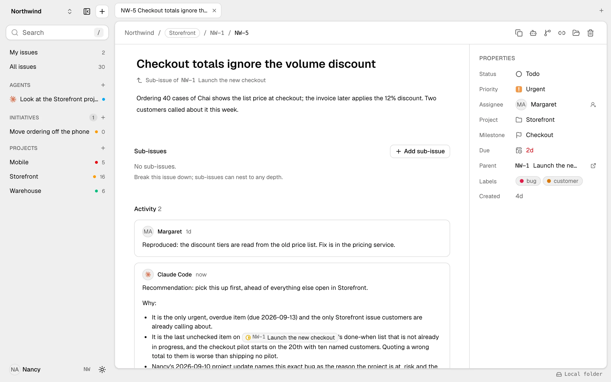 An issue page in litpm: title, description, properties, and two comments, one from a person and one from Claude Code