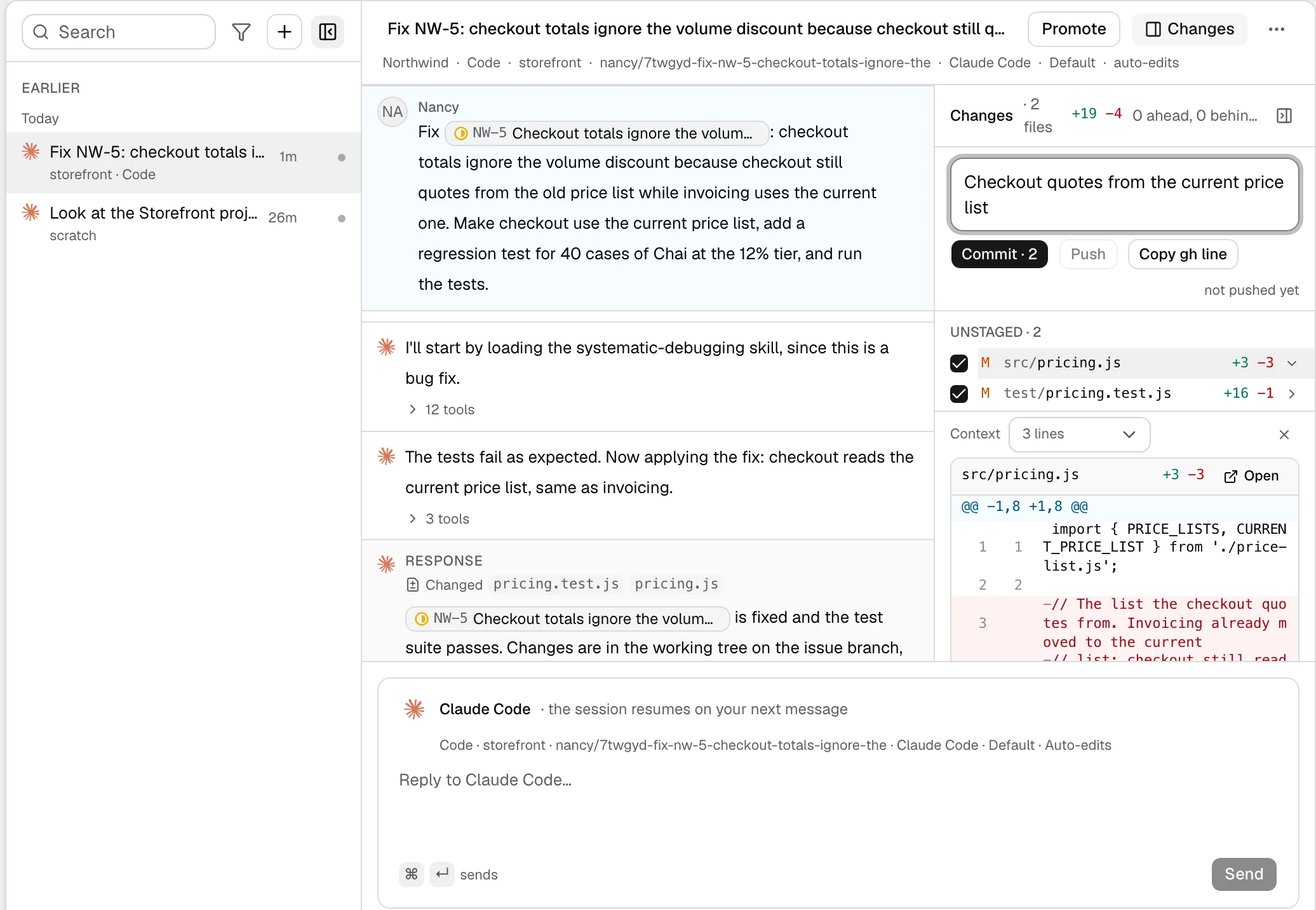 A Code chat in litpm: Claude Code's turns fixing NW-5 on the left, and the Changes pane on the right with two files, the diff of pricing.js, a commit message and Commit, Push and pull request buttons